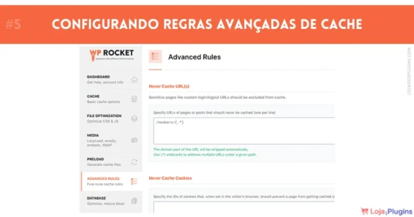 Tutorial configurar WP Rocket Passo 5 Configurando regras avançadas de cache no Plugin WordPress WP Rocket