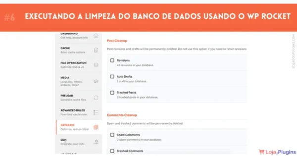Tutorial configurar WP Rocket Passo 6 WordPress plugin Executando a limpeza do banco de dados usando o WP Rocket